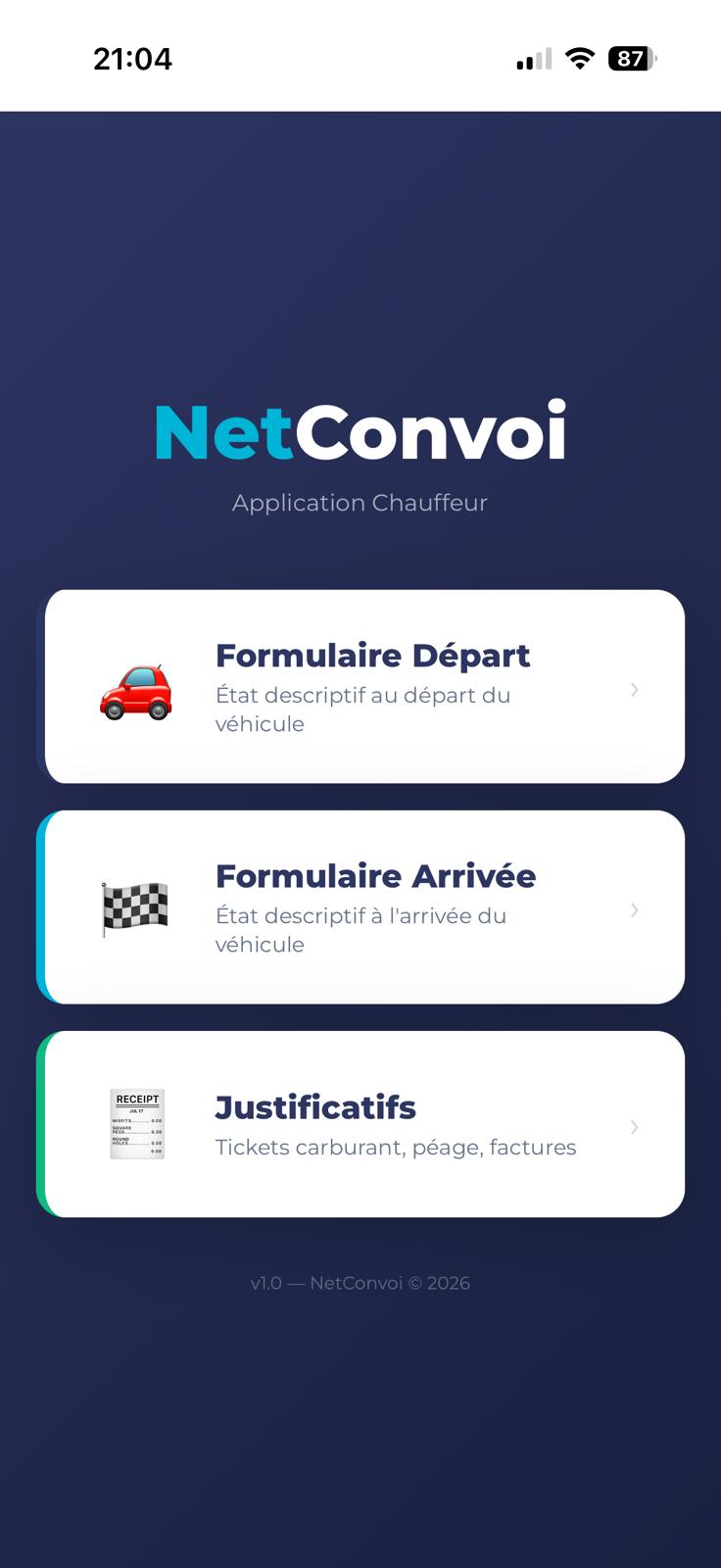 App NetConvoi — Écran d'accueil