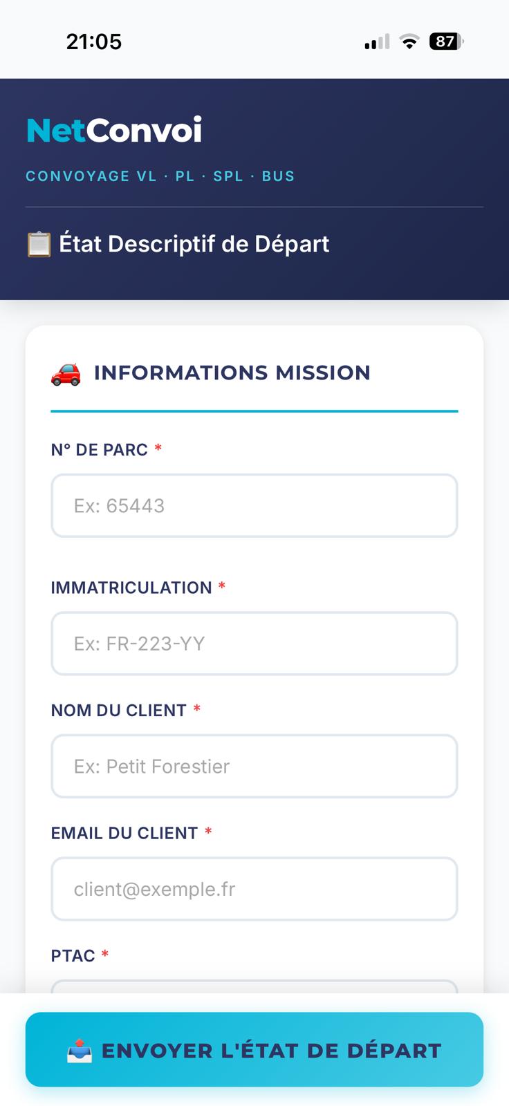 App NetConvoi — Formulaire départ