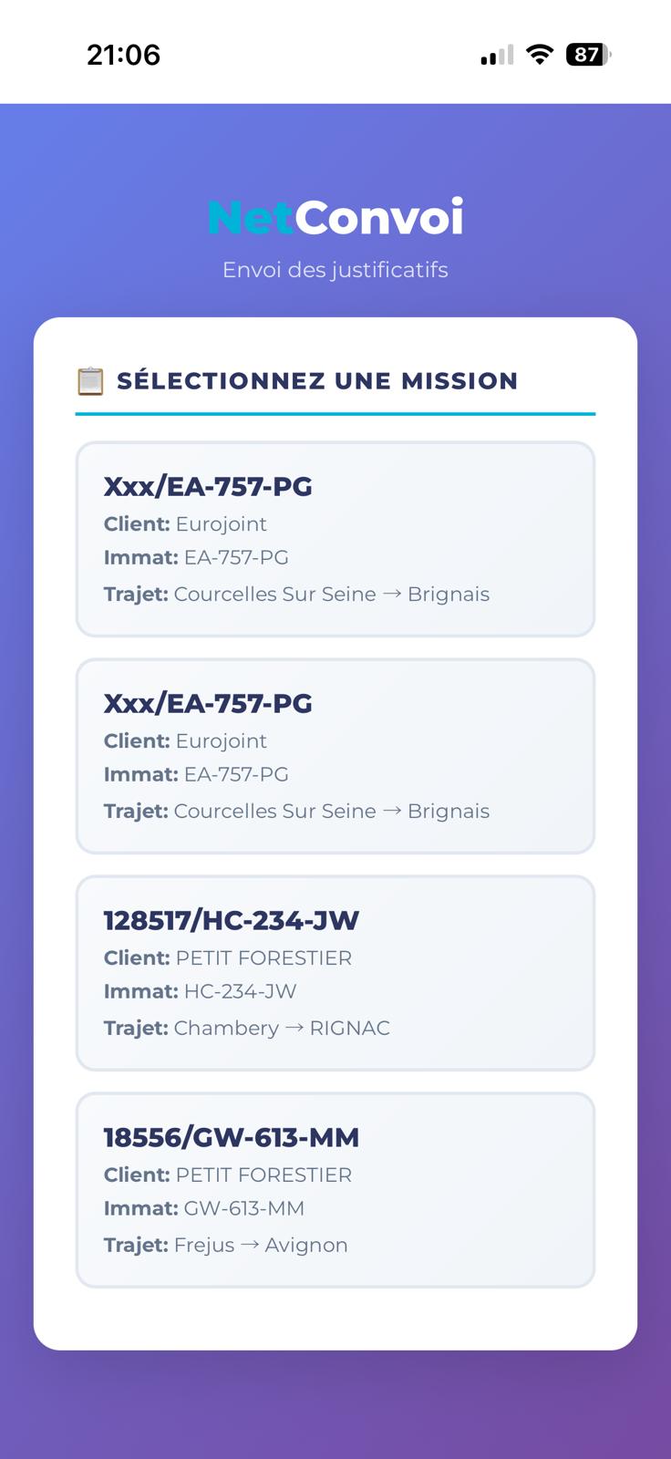 App NetConvoi — Liste des missions